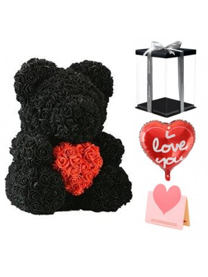 Rose noire Ours en peluche Fleur Ours avec Coeur rouge Meilleur cadeau pour la fête des mères, la Saint-Valentin, les anniversaires, les mariages et les anniversaires