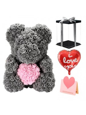 Rose grise Ours en peluche Fleur Ours avec Coeur rose Meilleur cadeau pour la fête des mères, la Saint-Valentin, les anniversaires, les mariages et les anniversaires