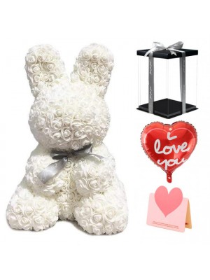 blanc Lapin Rose Fleur Lapin Meilleur cadeau pour la fête des mères, la Saint-Valentin, les anniversaires, les mariages et les anniversaires