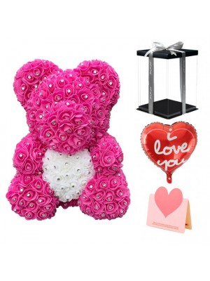 diamant Rose Ours en peluche rose Fleur Ours avec coeur blanc Meilleur cadeau pour la fête des mères, la Saint-Valentin, les anniversaires, les mariages et les anniversaires