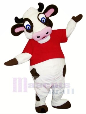 Drôle Vache avec rouge T-shirt Mascotte Les costumes Dessin animé