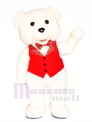 blanc Nounours Ours avec rouge Gilet Mascotte Les costumes Dessin animé