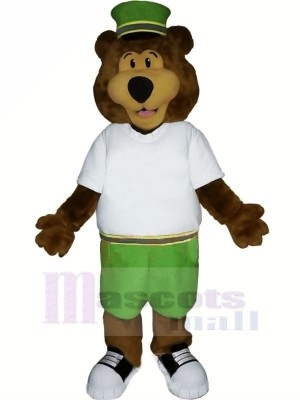 marron Ours avec vert Chapeau Mascotte Les costumes Dessin animé