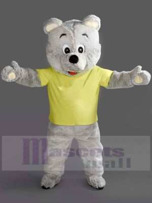 Ours gris en t-shirt jaune Mascotte Costume Pour adultes Têtes de mascotte