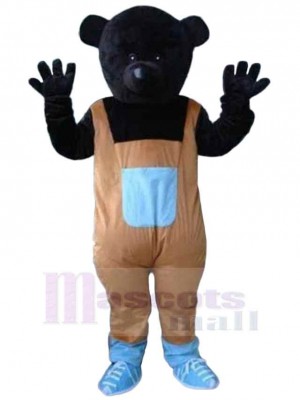 Ours noir en salopette orange Mascotte Costume Animal