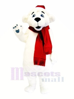 blanc Ours avec rouge Écharpe Mascotte Les costumes Dessin animé
