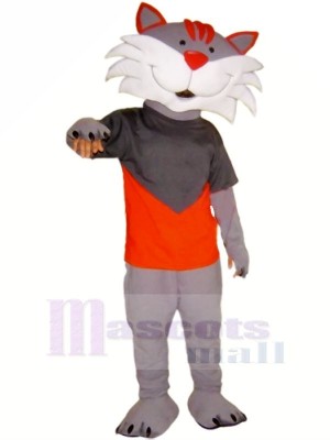 Heureux Gris Chat Mascotte Les costumes Dessin animé