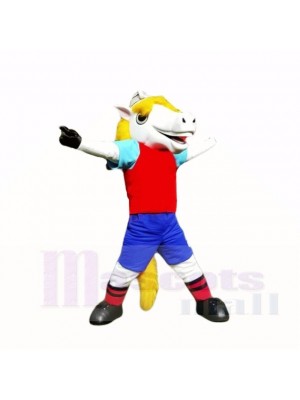 Souriant sport blanc Cheval Costumes De Mascotte Dessin animé