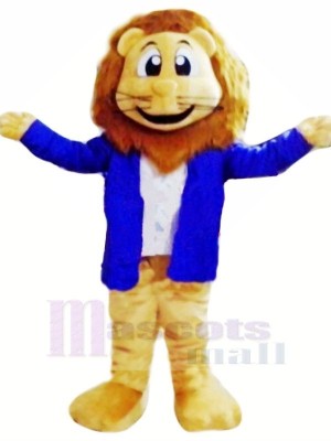 Lion Avec Bleu Veste Mascotte Les costumes Dessin animé