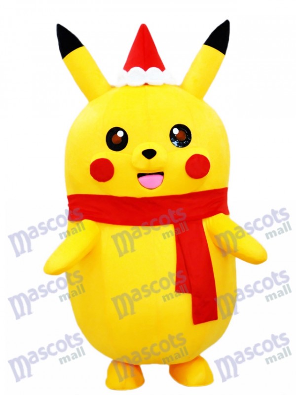 Costume de mascotte de Pokémon Pokémon de Pikachu avec le chapeau de Noël et l'écharpe rouge