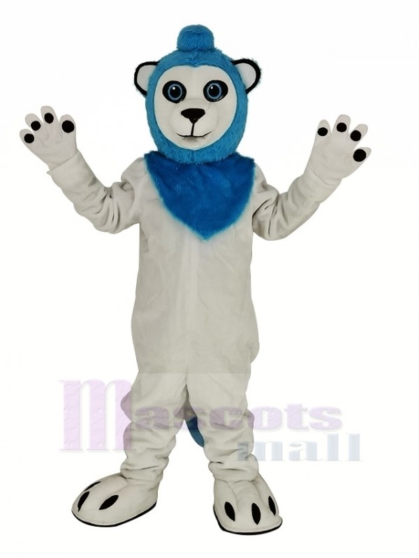 blanc Lion Bleu Poilu Mascotte Costume Animal
