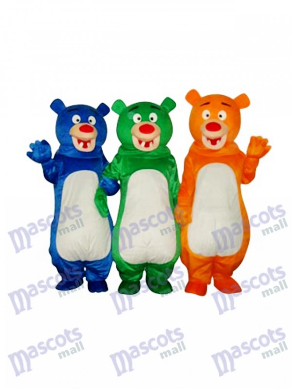Costume de mascotte bleu et vert et orange ours de famille (trois ours) Animal