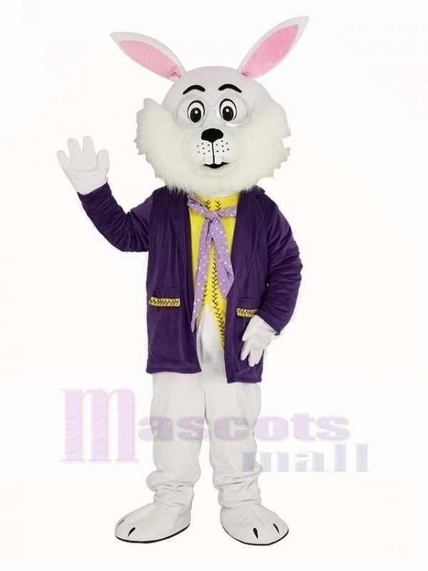 blanc Pâques lapin dans Violet Manteau Mascotte Costume