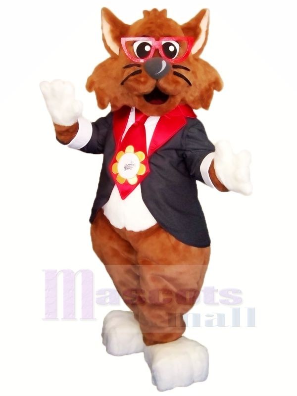 marron Chat avec Des lunettes Mascotte Les costumes Dessin animé