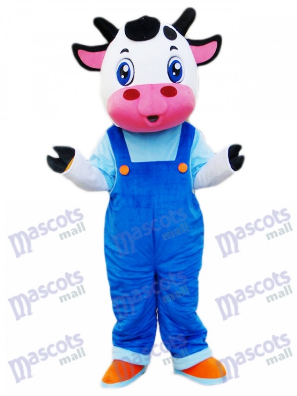 Vache en bleu Cartoon de costume de mascotte de salopettes