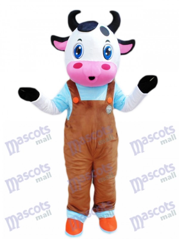 Blue Eyes Cow avec dessin de costume de mascotte de salopettes marron