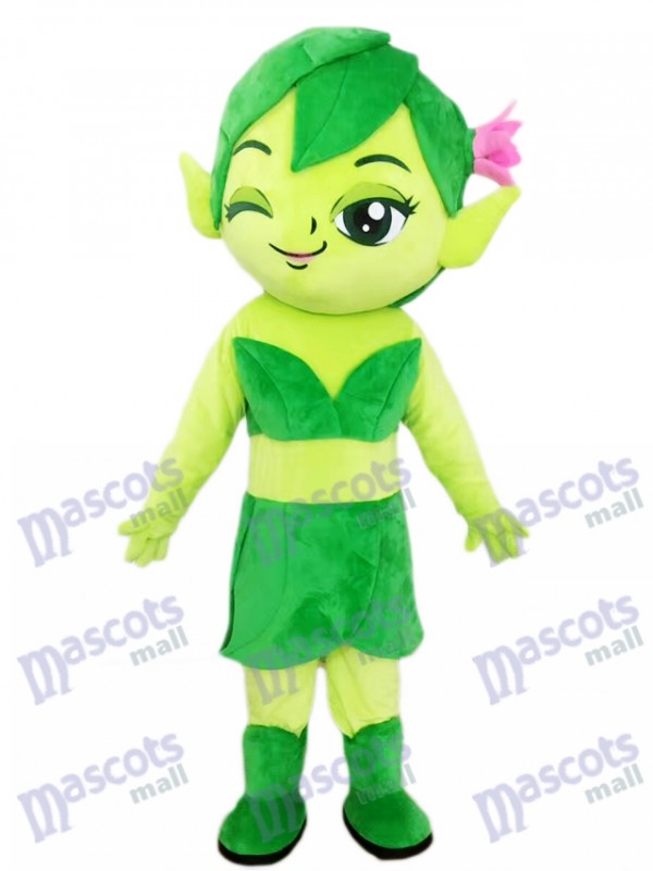 Assistant femelle Elfe vert avec dessin de costume de mascotte fleur
