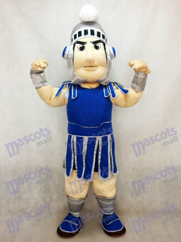 Costume de mascotte Sparty Knight Spartan bleu foncé avec casque en argent
