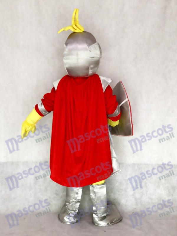 Costume de mascotte St Norbert de chevalier adulte en argent avec cape rouge