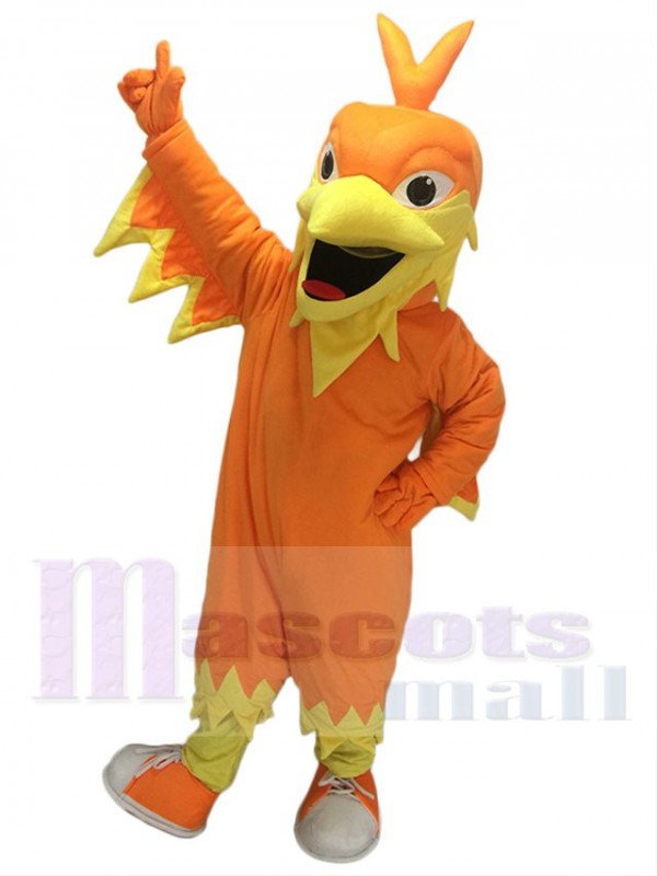 Mascotte orange Phoenix avec tête pointue, ailes, queue et chaussures de tennis