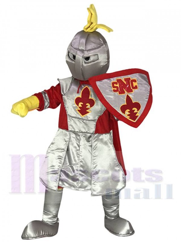 Costume de mascotte St Norbert de chevalier adulte en argent avec cape rouge