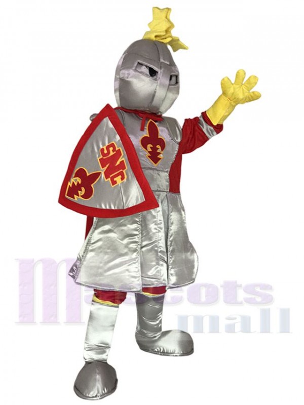 Costume de mascotte St Norbert de chevalier adulte en argent avec cape rouge