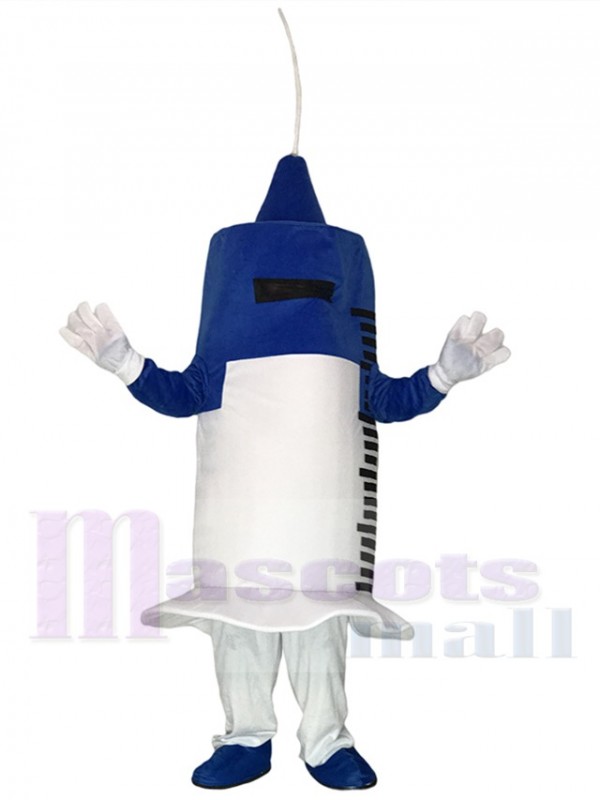 Seringue blanche et bleue pour le costume de mascotte de clinique d'hôpital