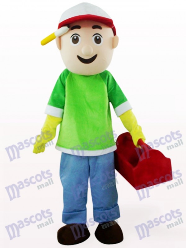 Costume de mascotte de dessin animé garçon vert et bleu vendeur