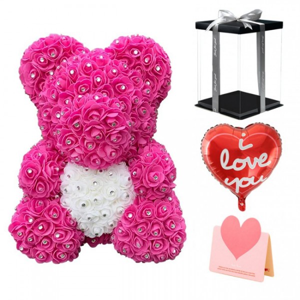 diamant Rose Ours en peluche rose Fleur Ours avec coeur blanc Meilleur cadeau pour la fête des mères, la Saint-Valentin, les anniversaires, les mariages et les anniversaires