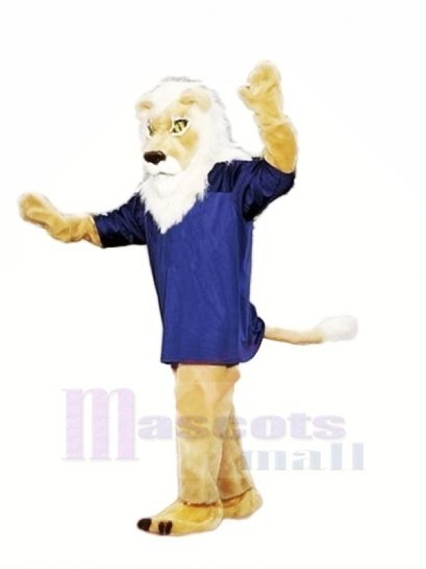 marron Lion avec Bleu T-shirt Mascotte Les costumes Adulte