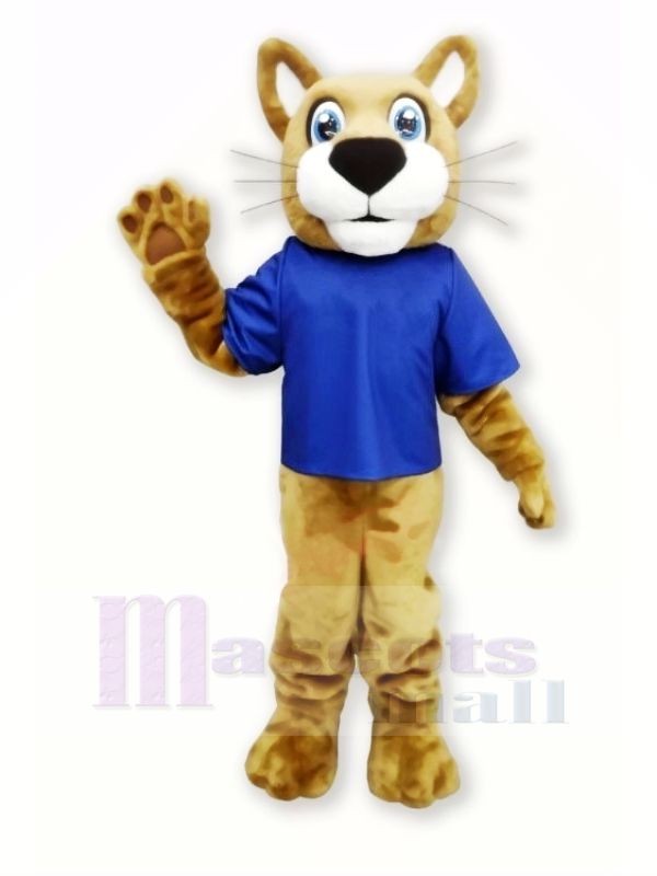 marron Chat sauvage avec Bleu T-shirt Mascotte Les costumes