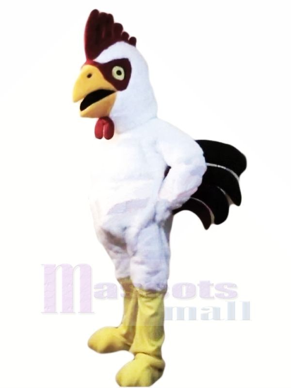 Puissance Musclé blanc Coq Mascotte Costume Dessin animé